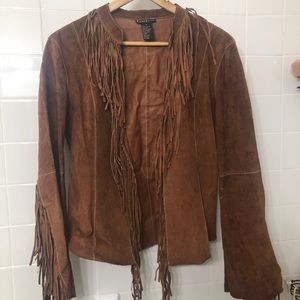 Bebe brown suede jacket with fringe on sleeves